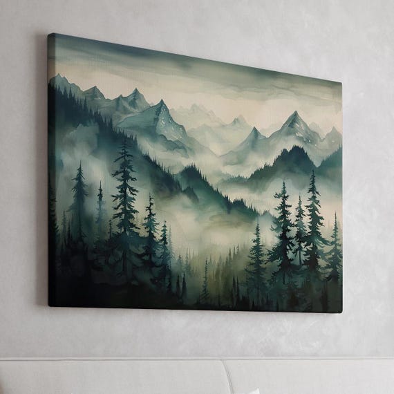Misty Mountain Range Watercolor Landscape Painting Poster Or Canvas Print Dark Green Forest Mountainscape Horizon Nature Home Decor