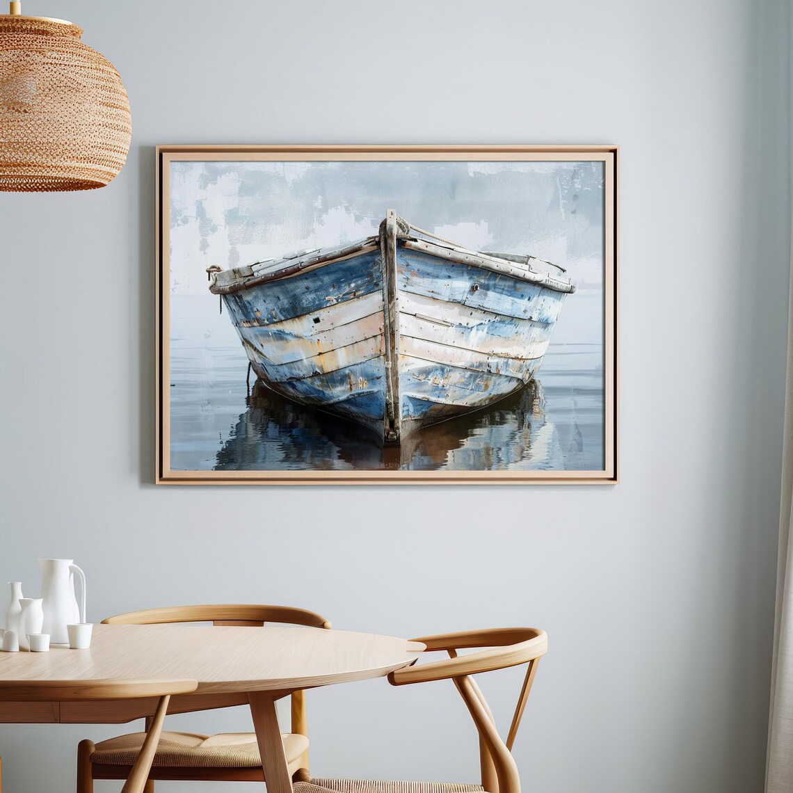 Vintage Blue Wooden Rowboat on Calm Water Coastal Nautical Poster