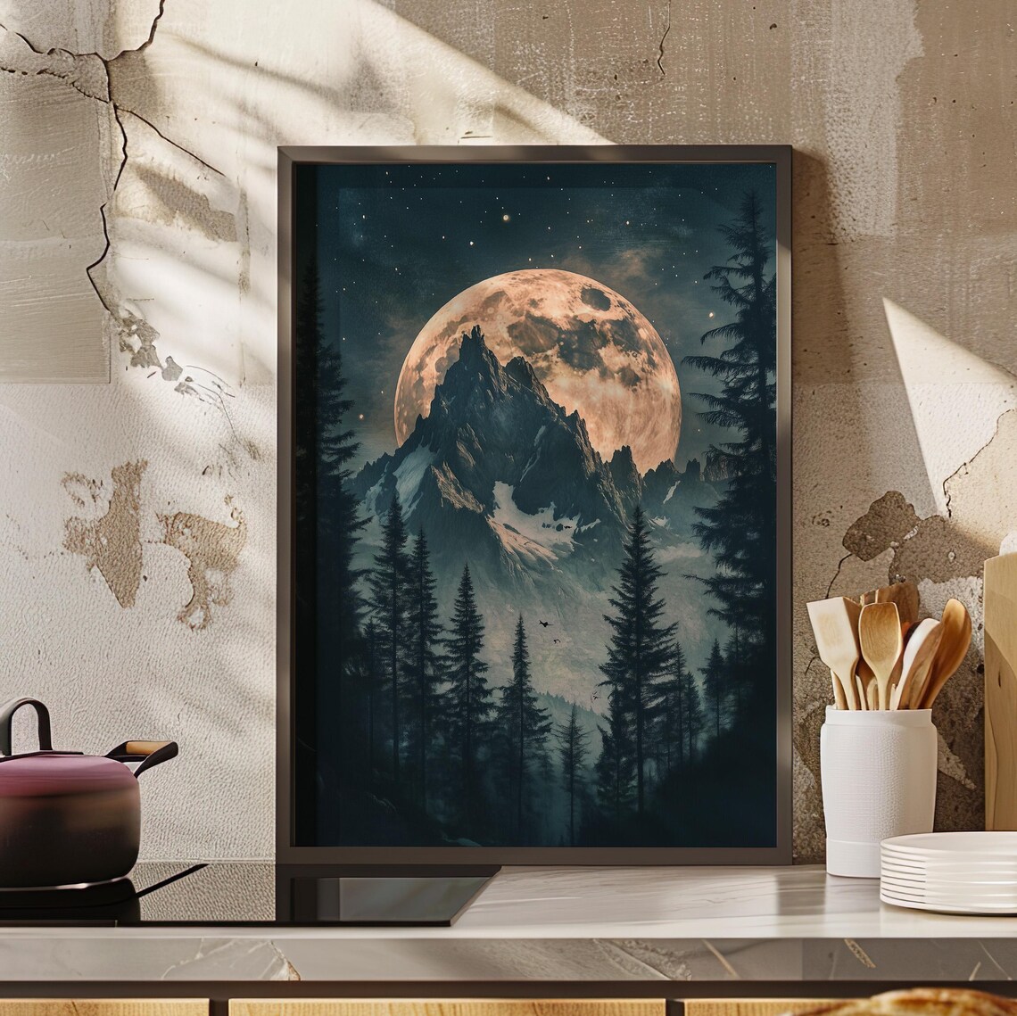 Giant Moon Behind Mountain Peak Moonlit Forest Night Art Poster