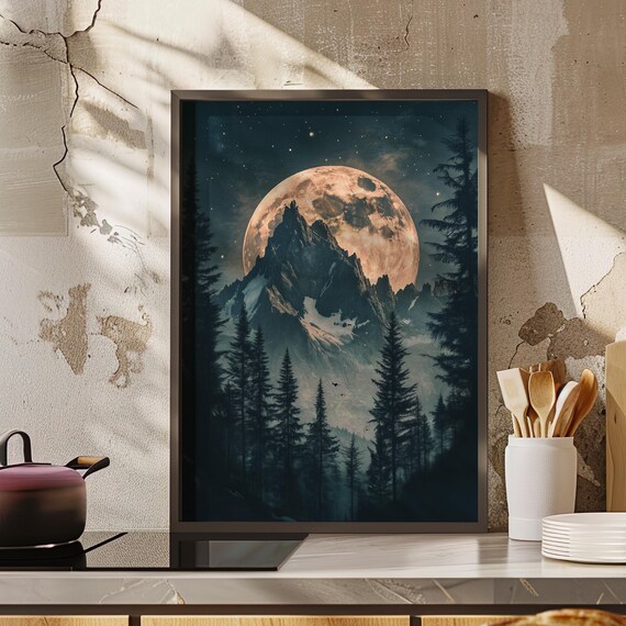 Giant Moon Behind Mountain Peak Moonlit Forest Night Art Poster