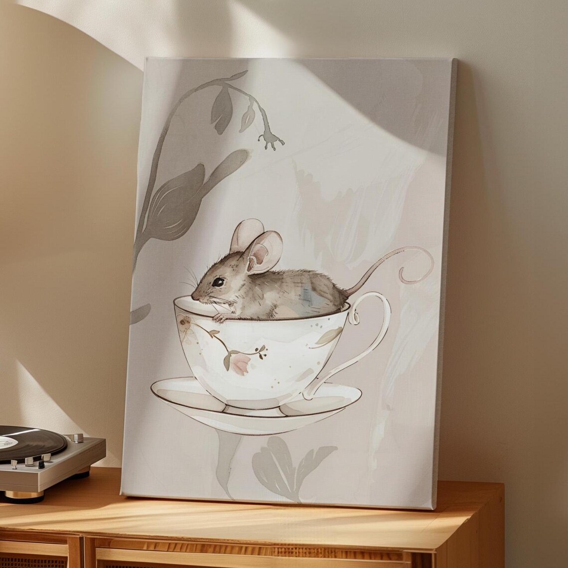 Tiny Mouse Sitting In A Floral Teacup Watercolor Whimsical Animal Art Poster