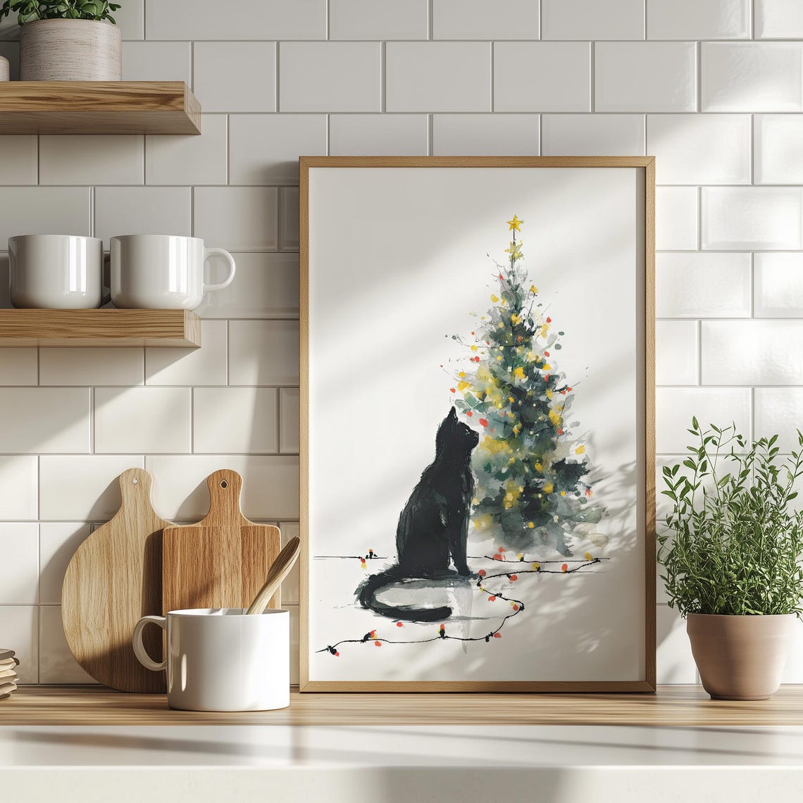 Black Cat Sitting By Christmas Tree Watercolor Holiday Poster