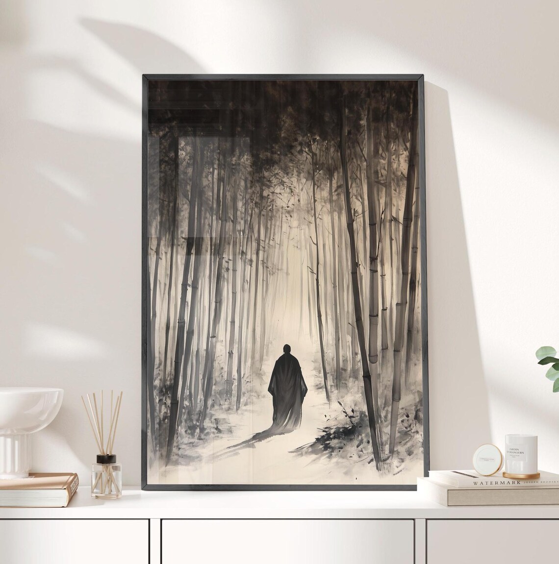 Japanese Ink Painting Monk Walking Through Misty Bamboo Forest Poster