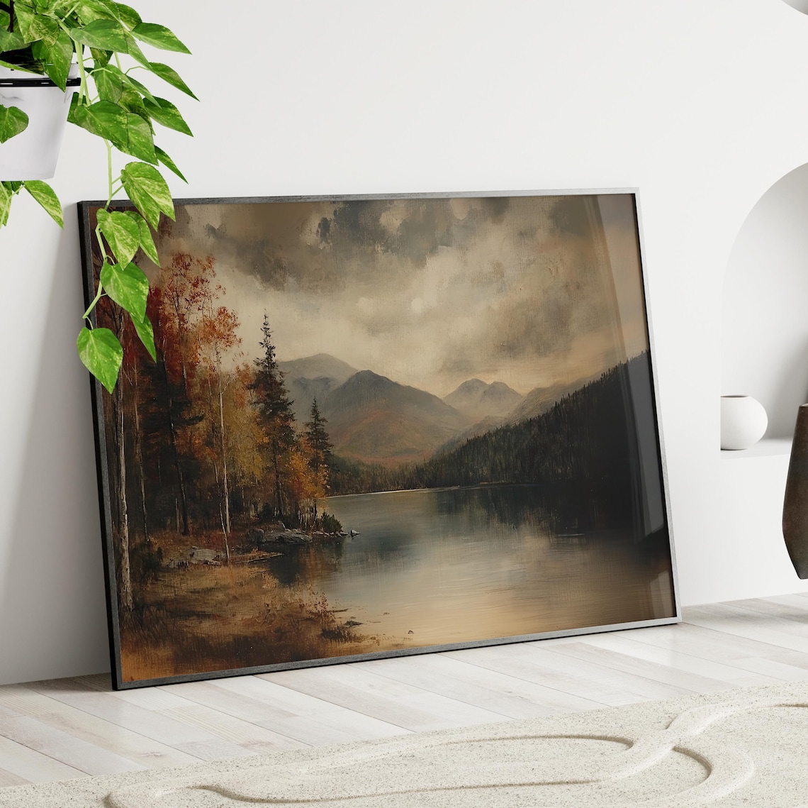 Moody Autumn Adirondacks Mountain Lake Vintage Oil Painting Poster