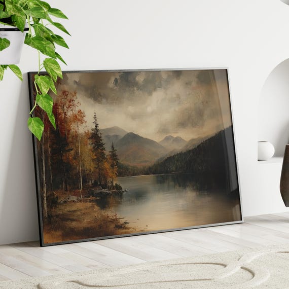 Autumn Adirondacks Mountain Lake Rustic Oil Painting Poster Or Canvas Vintage Moody Landscape Art Print Fall Nature North Prints