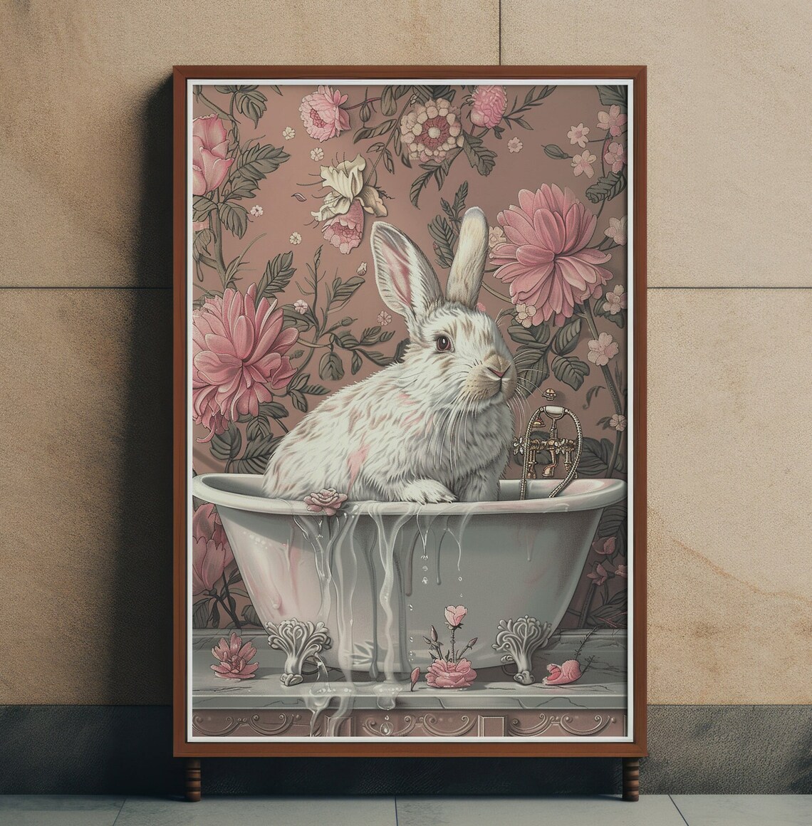 White Rabbit In Vintage Bathtub Pink Floral Whimsical Art Poster