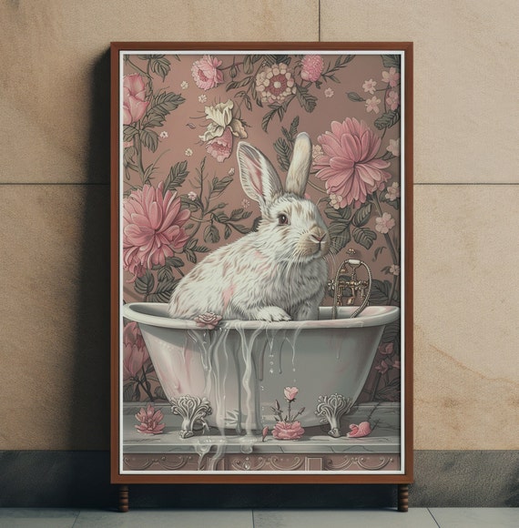 Elegant Floral Bathroom Rabbit In Bathtub Wall Art Vintage Pink Flower Easter Bunny Print Peony Botanical Retro Poster Home Decor