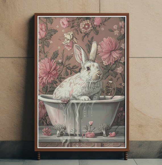 White Rabbit In Vintage Bathtub Pink Floral Whimsical Art Poster