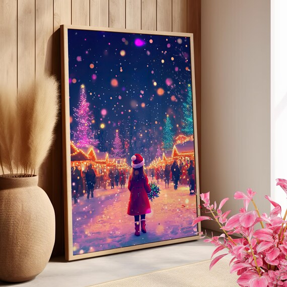 Little Girl In Santa Hat At Christmas Night Market Whimsical Poster