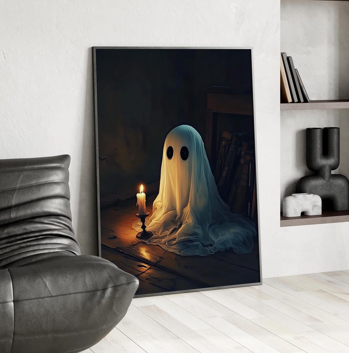 Cute Ghost By Flickering Candle Dark Paneled Room Gothic Poster