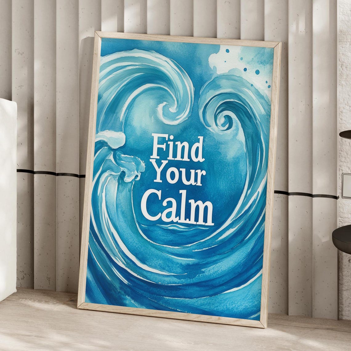Find Your Calm Blue Ocean Waves Watercolor Typography Quote Print