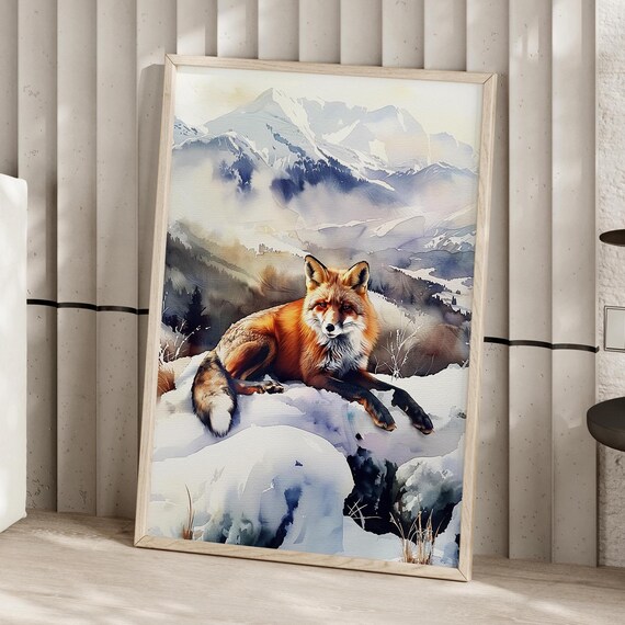 Fox In Mountains Wall Art Print Or Canvas Snowy Snow Mountain Animal Red Wildlife Poster