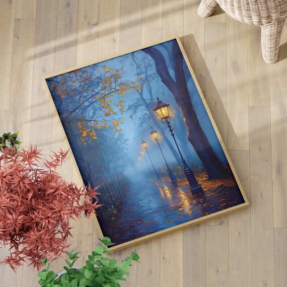 Foggy Night Street Lamps Autumn Foliage Blue Oil Painting Wall Art