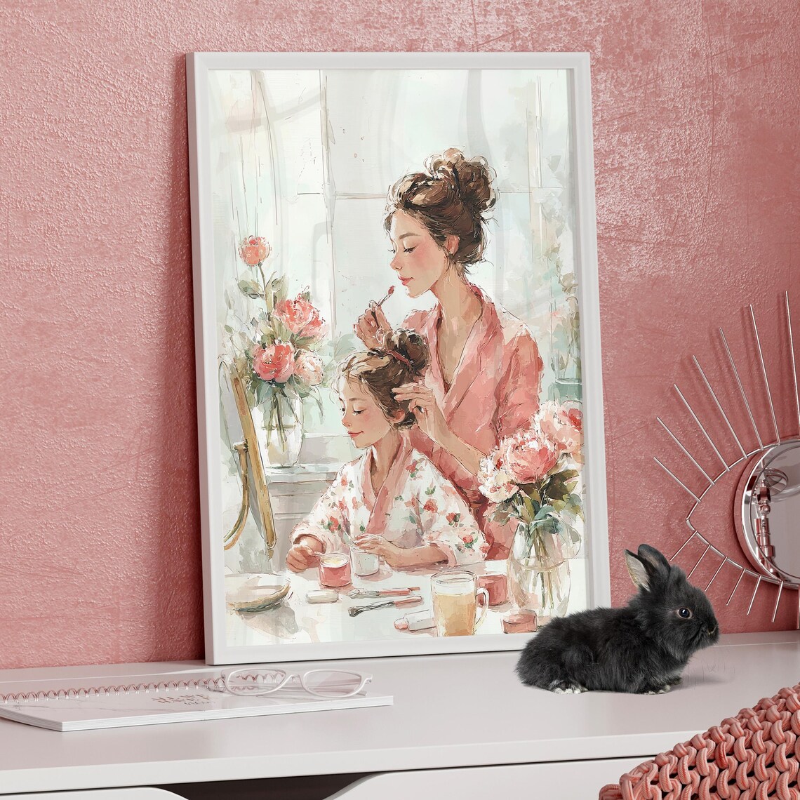 Dreamy Mother and Daughter at Vanity Watercolor Floral Poster