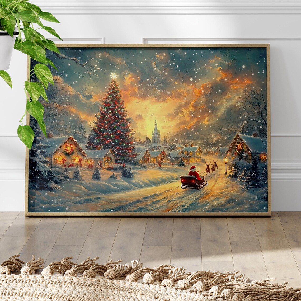 Snowy Christmas Village Santa Sleigh Golden Sunset Holiday Poster