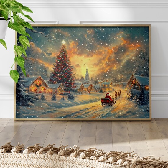 Snowy Christmas Village Santa Sleigh Golden Sunset Holiday Poster