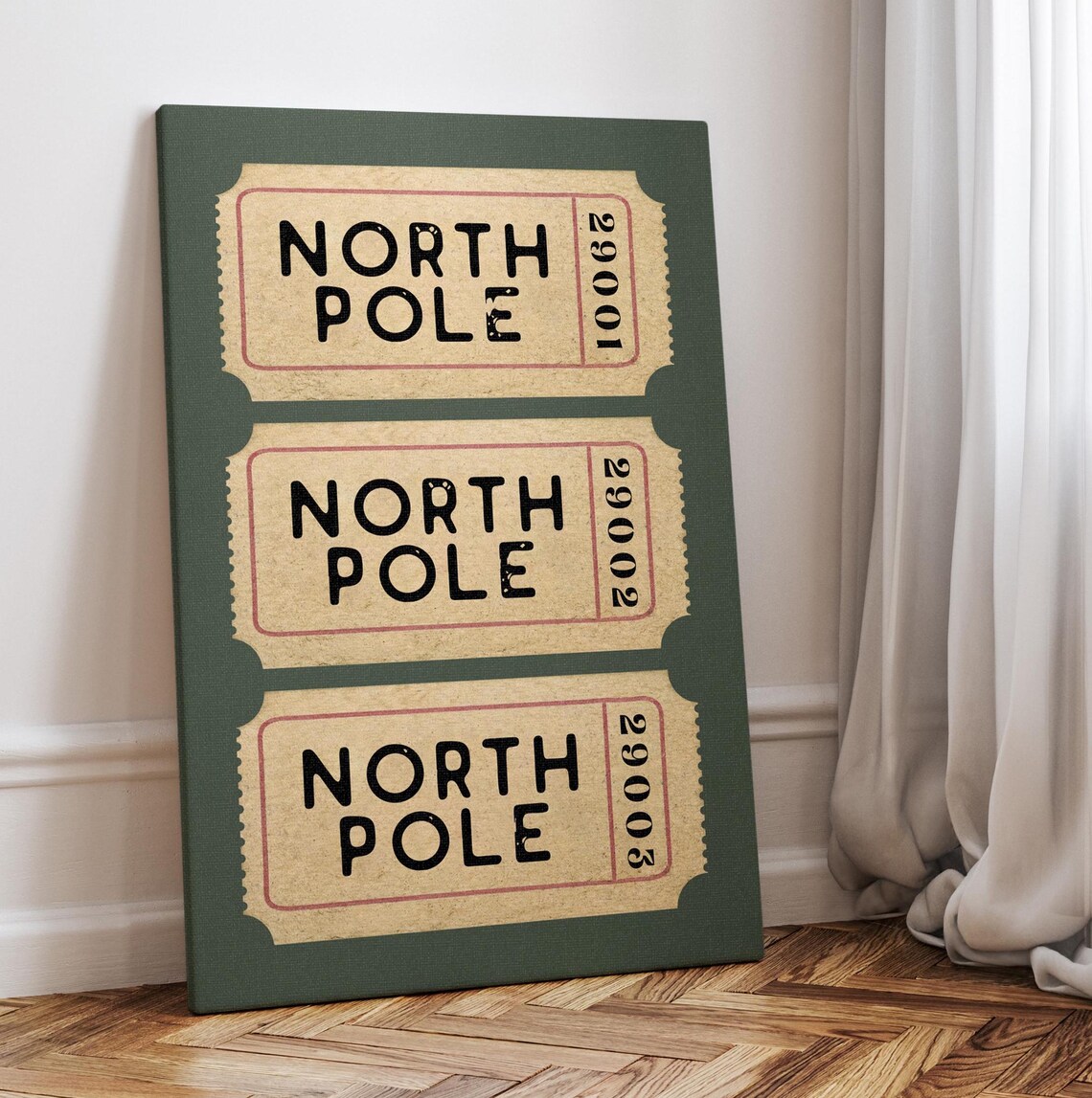 Vintage North Pole Train Ticket Stubs Dark Green Christmas Wall Art