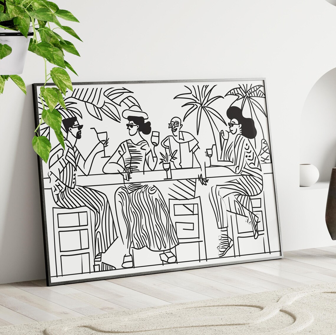 Friends Drinking Cocktails At The Bar Line Art Illustration Poster