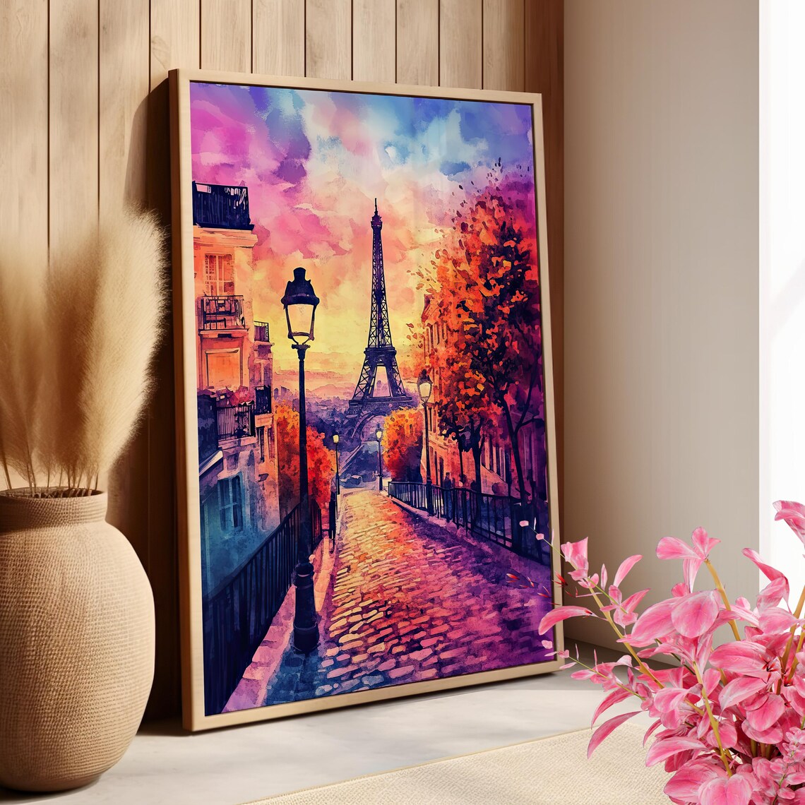 Eiffel Tower Paris Sunset Street Watercolor Vibrant France Poster