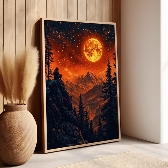 Man On The Evening Mountain Gazing At Orange Moon Poster Or Canvas Print Starry Night Sky And Stars Over Mountains Art