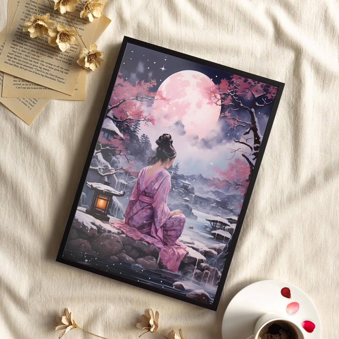 Japanese Woman In Pink Kimono By Snowy Hot Spring Moon Poster