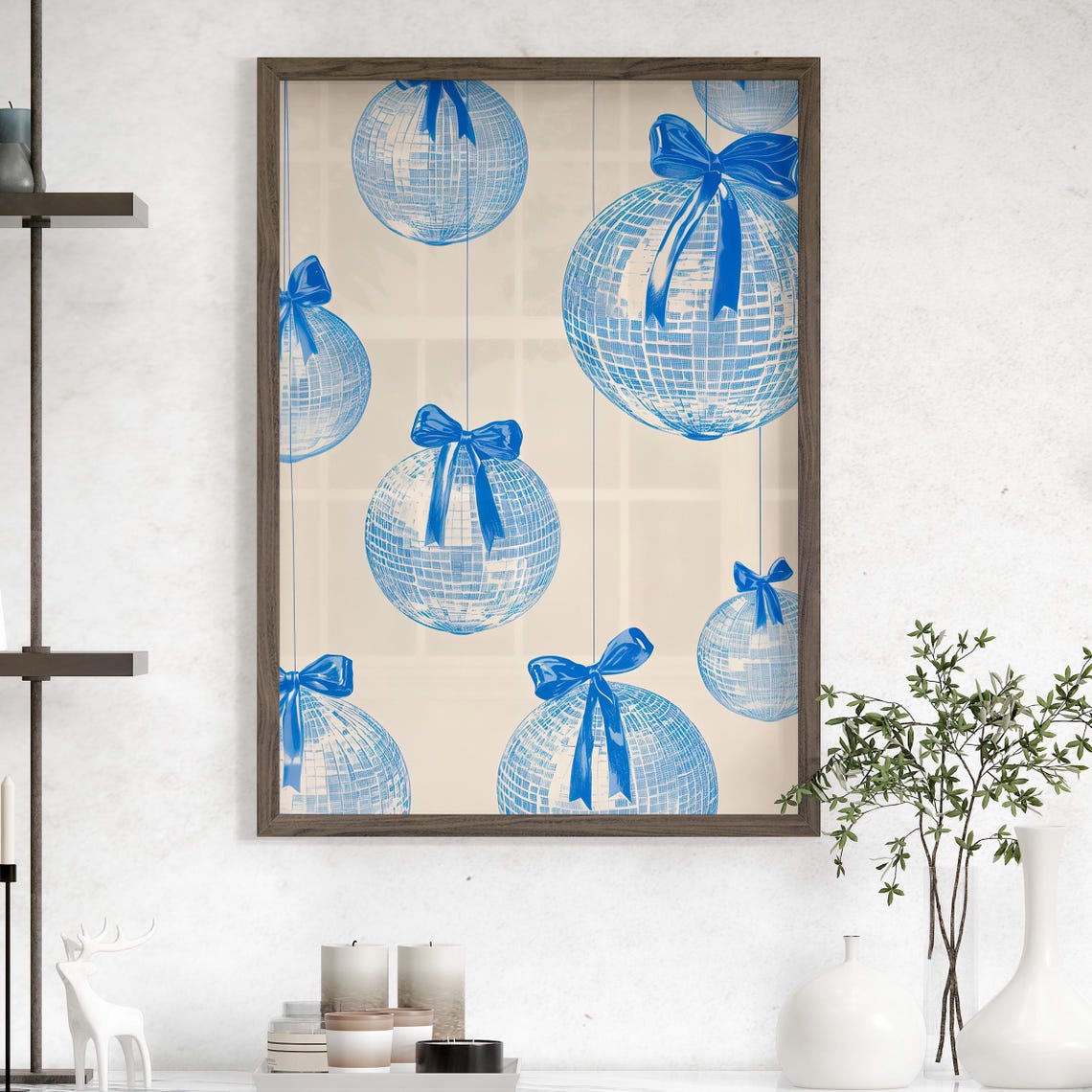 Blue Disco Balls with Navy Bows Coquette Mirror Ball Trendy Poster