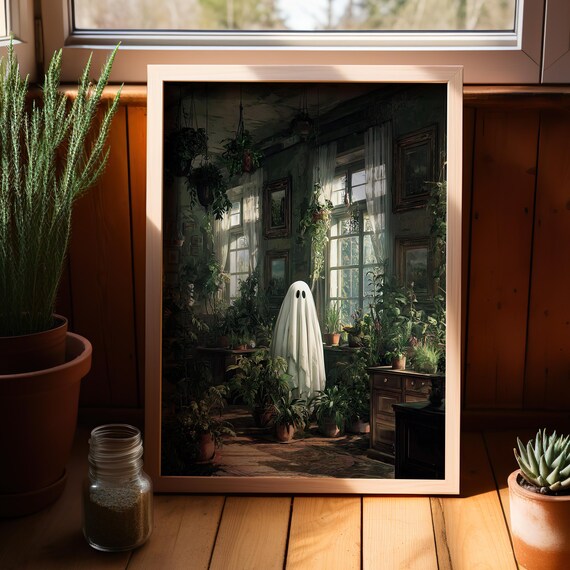 With Houseplants Art Poster Or Canvas Print Vintage Gothic Room Decor Dark Academia Spooky Cute Botanical Halloween