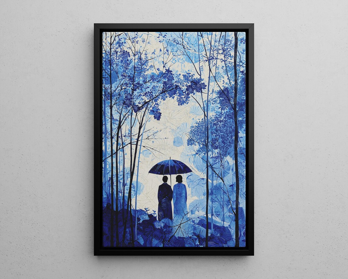 Blue Forest Umbrella Couple Monochrome Asian Landscape Painting Print