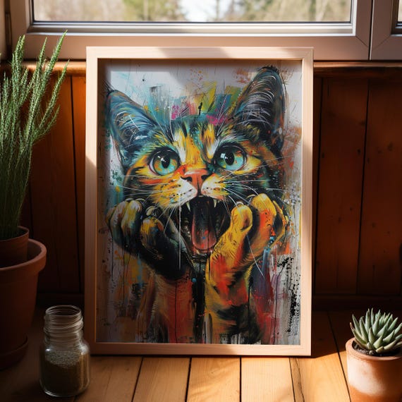 Happy Cat Colorful Ink Painting Graffiti Style Art Poster Or Canvas Print Animal Pet Wall Funny