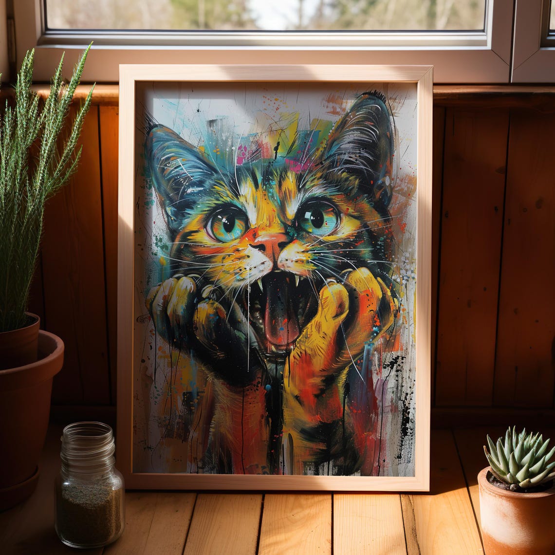 Colorful Graffiti Yawning Cat Pop Art Funny Cat Face Design Poster