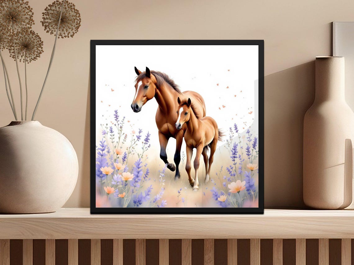 Horse and Foal Walking in a Lavender Meadow Watercolor Art Poster - Image 3