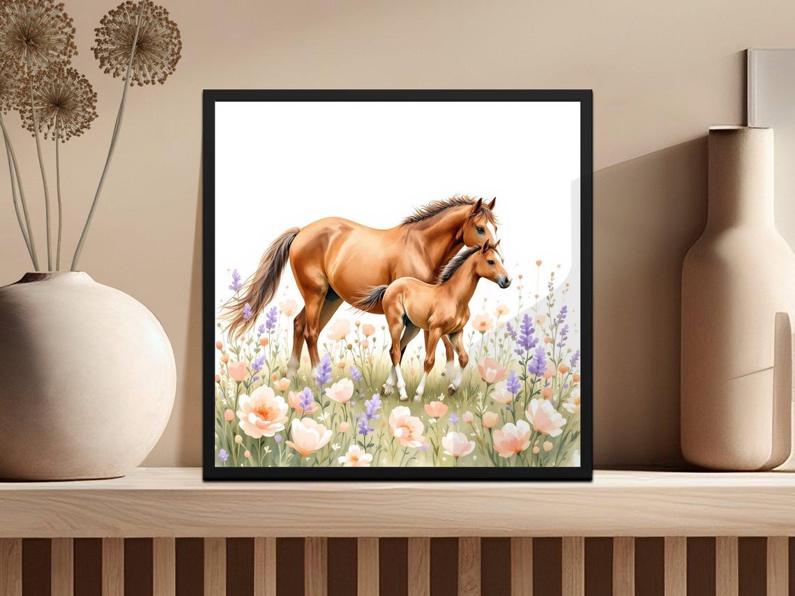 Wall Art Print Mother Horse And Foal Watercolour Art Horse Print Farmhouse Animal Wall Art Floral Horse Decor Instant - Image 3