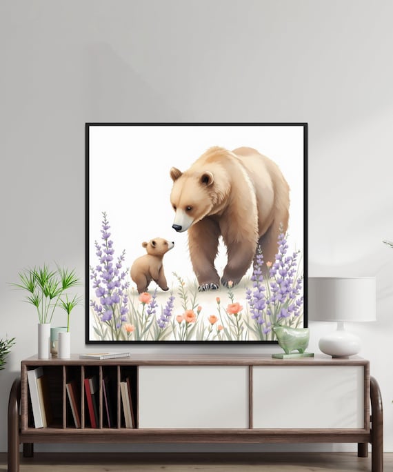 Mother Bear and Cub Among Lavender Watercolor Nursery Art Poster