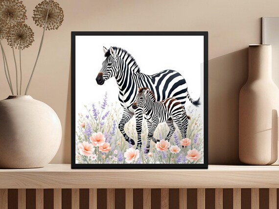 Zebra and Baby Zebra in Lavender Watercolor Nursery Animal Poster