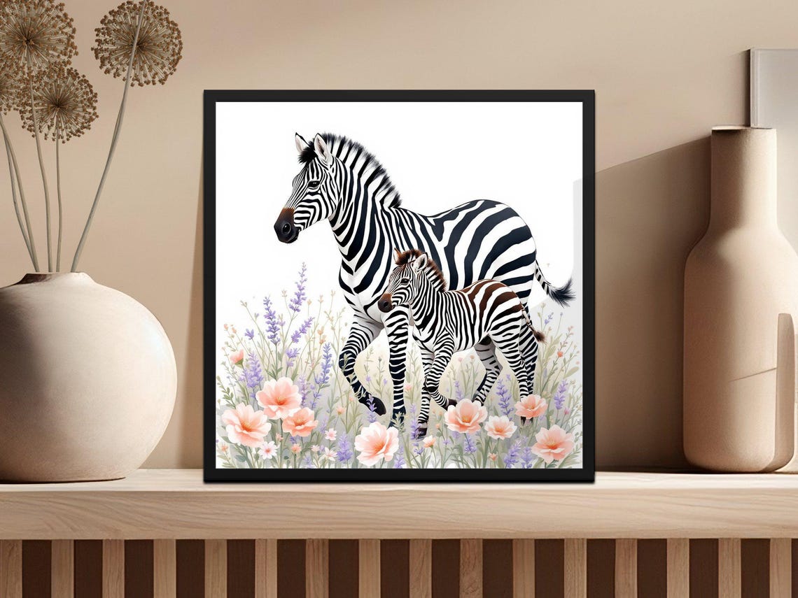 Zebra and Baby Zebra in Lavender Watercolor Nursery Animal Poster