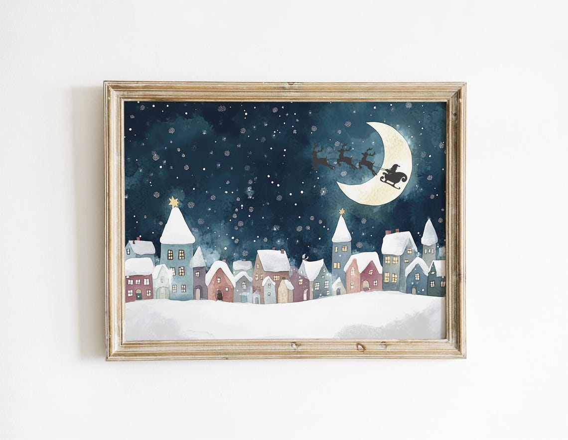 Santa Sleigh Flying Past Crescent Moon Over Snowy Village Print - Image 3