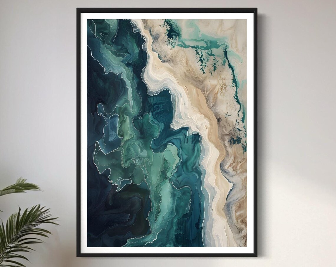 Teal Ocean Shoreline Abstract Sand And Sea Coastal Waves Art Print