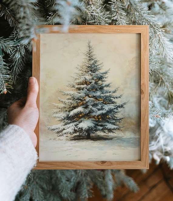 Vintage Snowy Christmas Tree Watercolor Holiday Season Wall Art