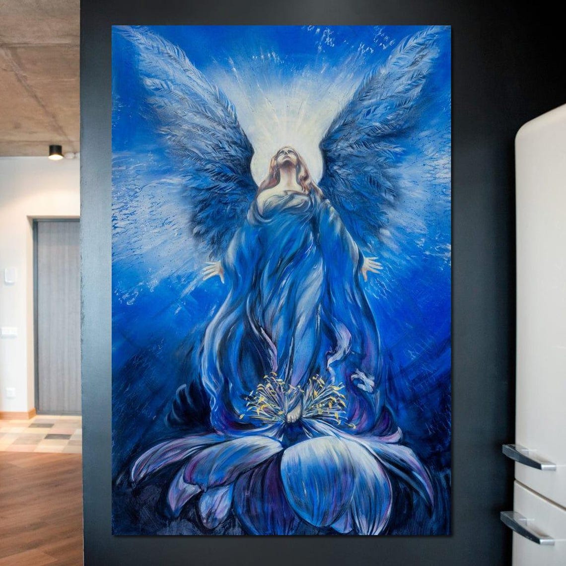 Blue Angel with Wings Rising over Flower Heavenly Spiritual Art Poster - Image 4