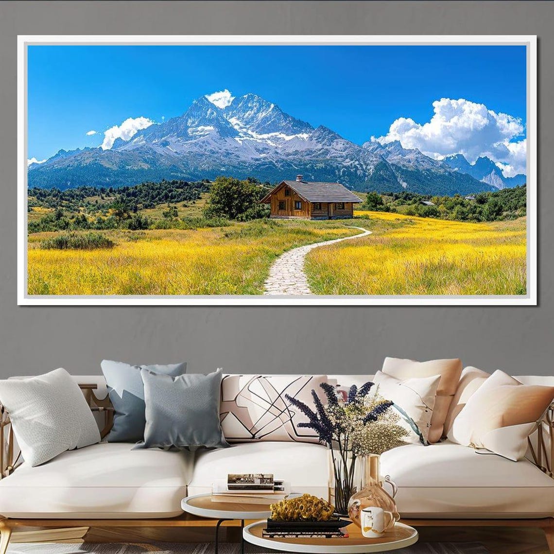Alpine Mountain Cabin In Golden Meadow With Stone Path Blue Sky Poster - Image 3