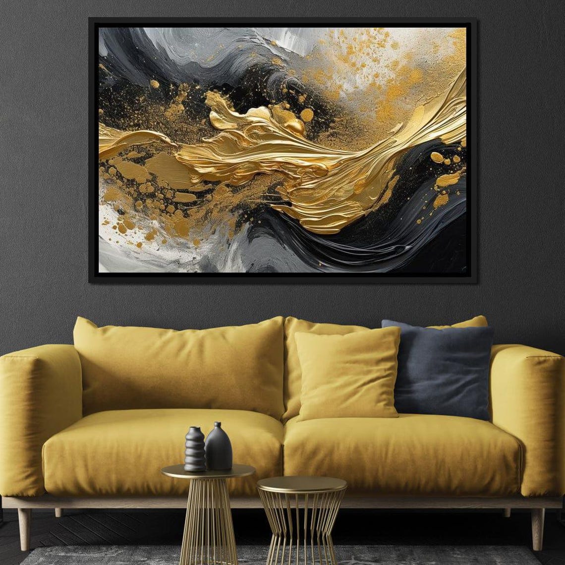 Black Gold Fluid Wave Splash Five Panel Modern Abstract Wall Art - Image 2