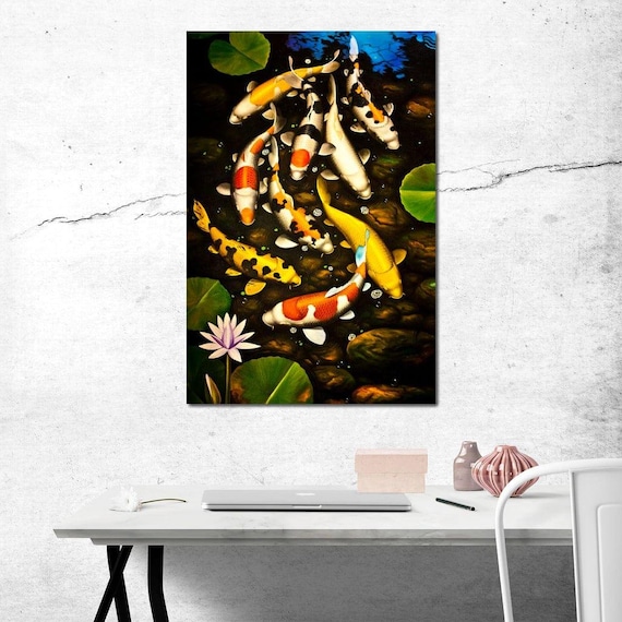 Koi Fishes Koi Painting Zen Wall Art Japanese Home Decor Nature Art Colorful Fish Aquatic Art By Nichecanvas