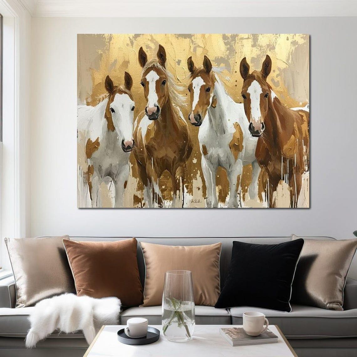 Four Horses Golden Background Elegant Equestrian Animal Art Poster - Image 2