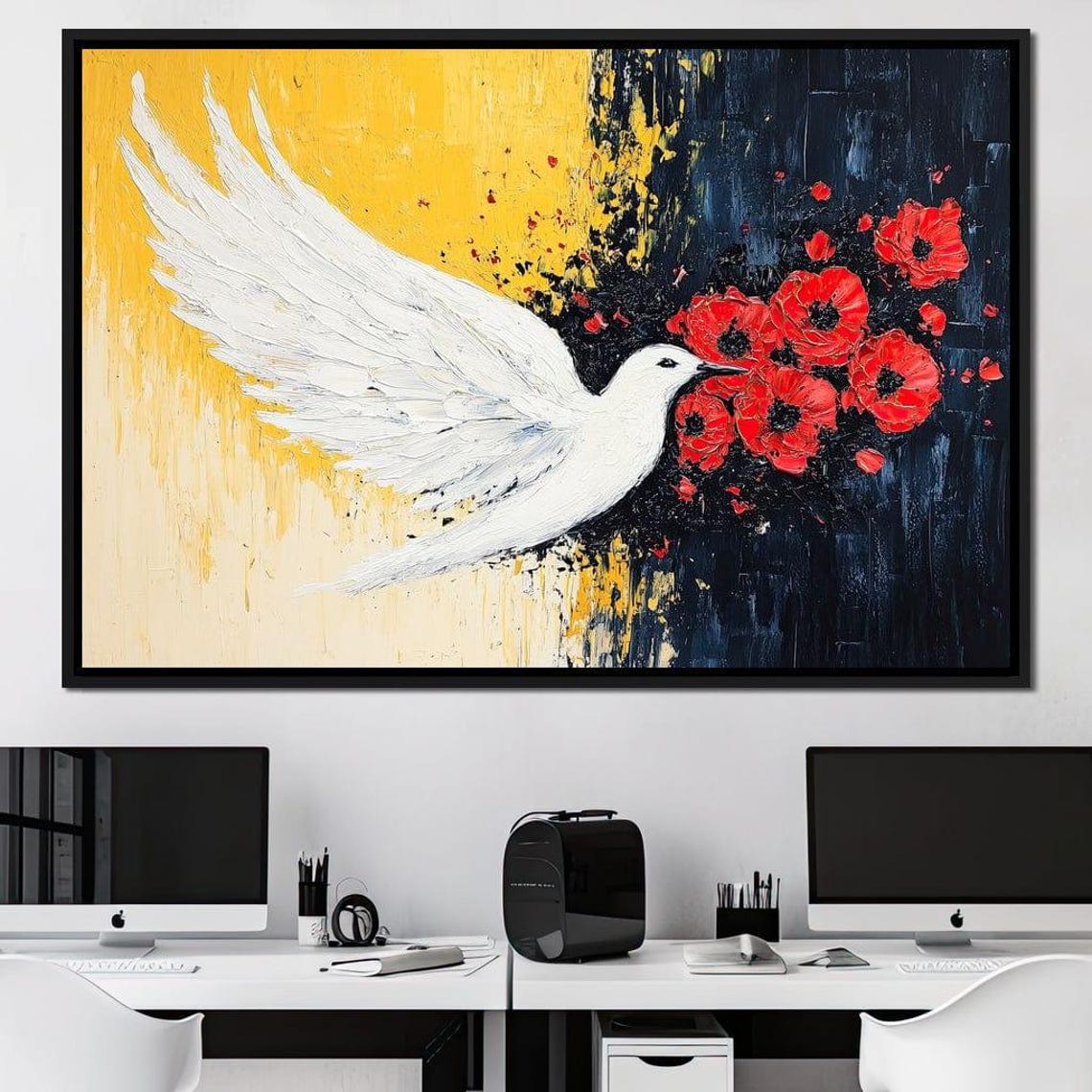 White Dove Red Poppies Yellow Black Bold Flight Impasto Bird Poster - Image 4