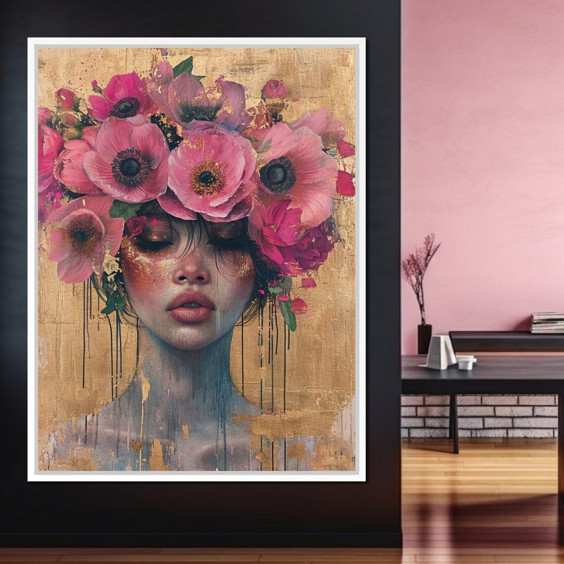 Pink Flowers Woman Dreamy Portrait Gold Pink Feminine Art Print - Image 4