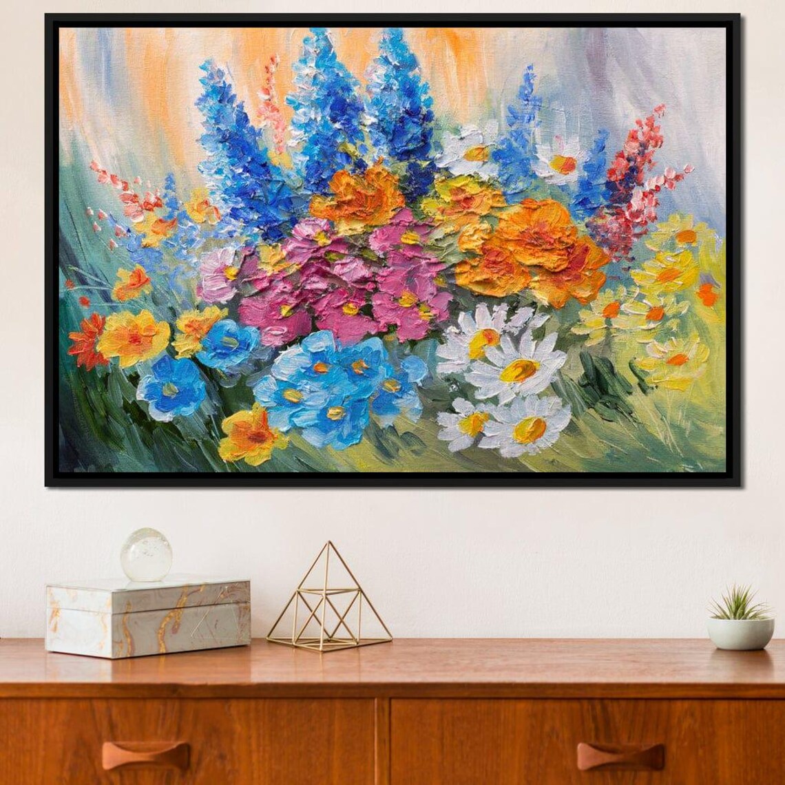 Abstract Bouquet Of Spring Flowers Vibrant Floral Wall Art Colorful Oil Painting Print Living Room Decor By Nichecanvas - Image 2