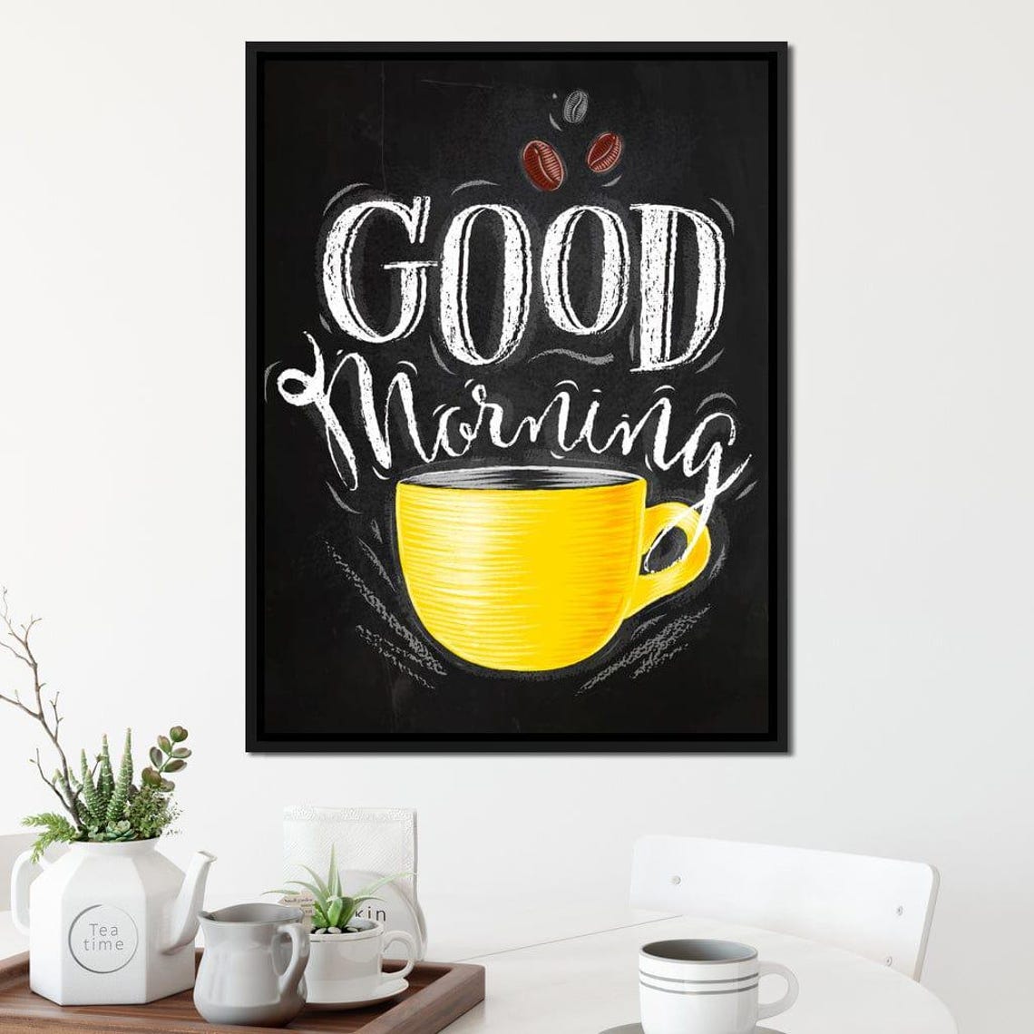 Good Morning Yellow Coffee Mug Chalkboard Kitchen Quote Wall Art Print