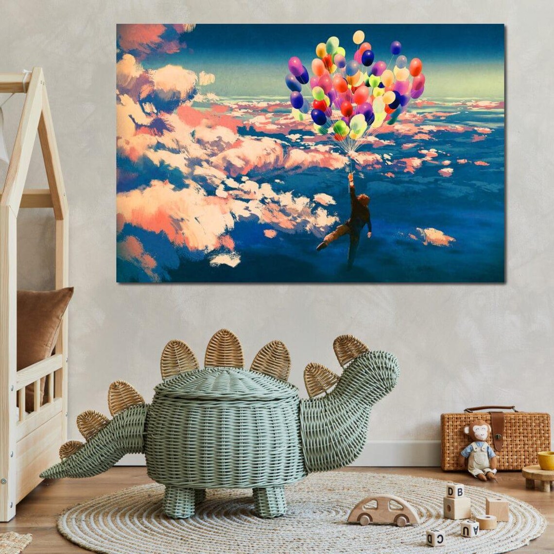 Child With Colorful Balloons Flying Over Clouds Fantasy Poster - Image 4