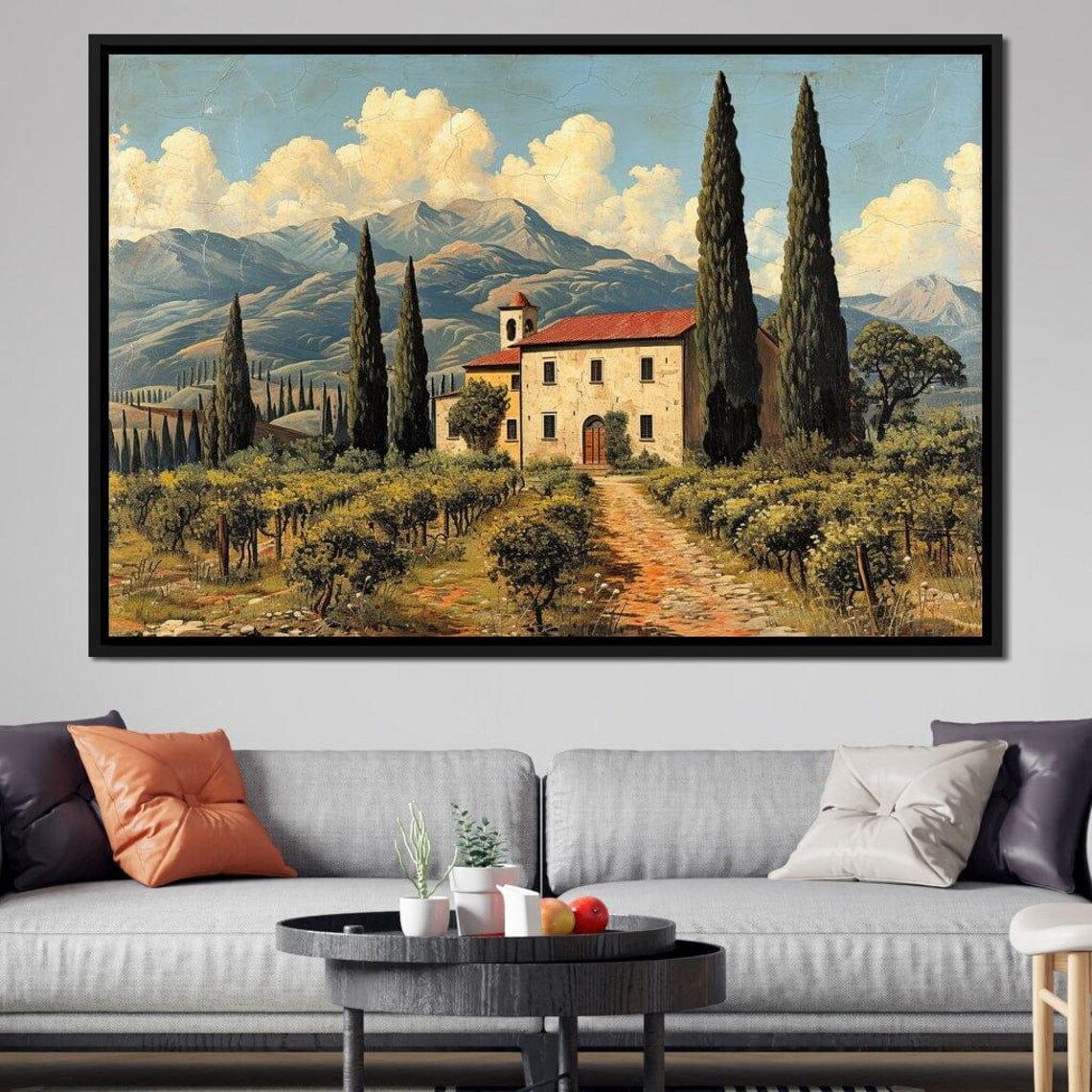 Tuscan Farmhouse Vineyard Cypress Trees Dirt Path Mountain View Poster - Image 2