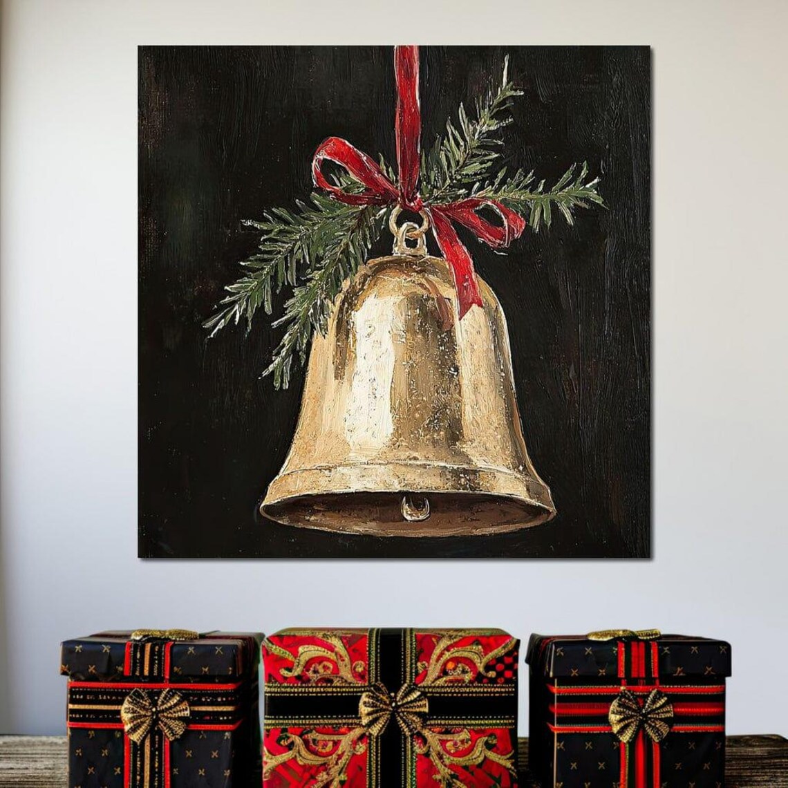 Golden Christmas Bell With Red Ribbon Pine Branch Black Poster - Image 2
